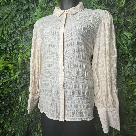 Guess Women Tops XL Beige Crinkle Blouse Collar Long Sleeve MSRP$89.00 NWT 0201 - Picture 2 of 16